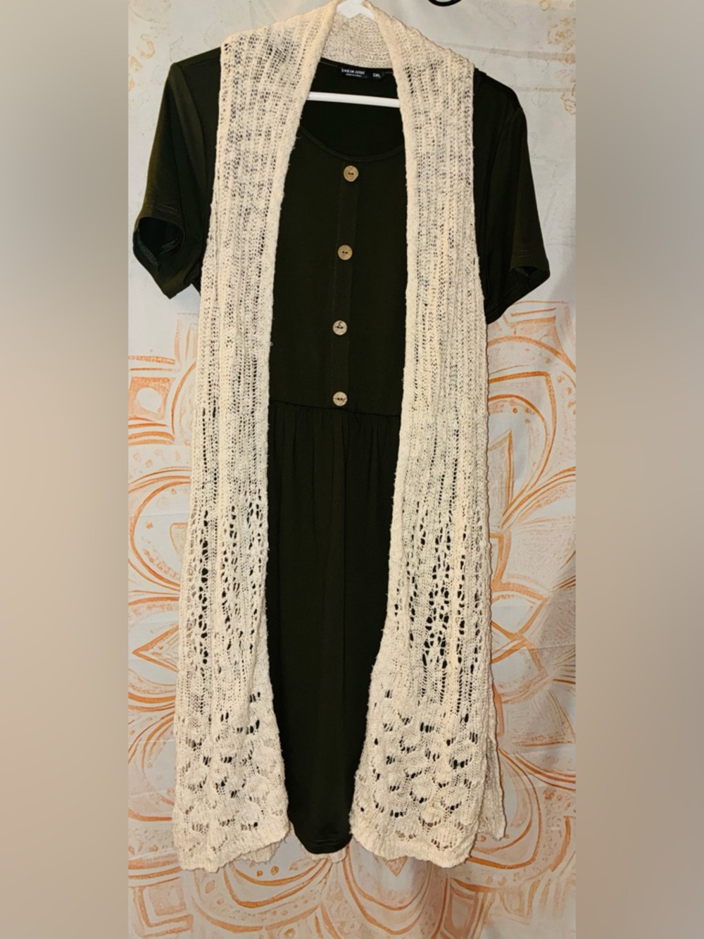 Maurices Sleeveless Cream Crochet Long Kimono w/ Hunter Green Dress